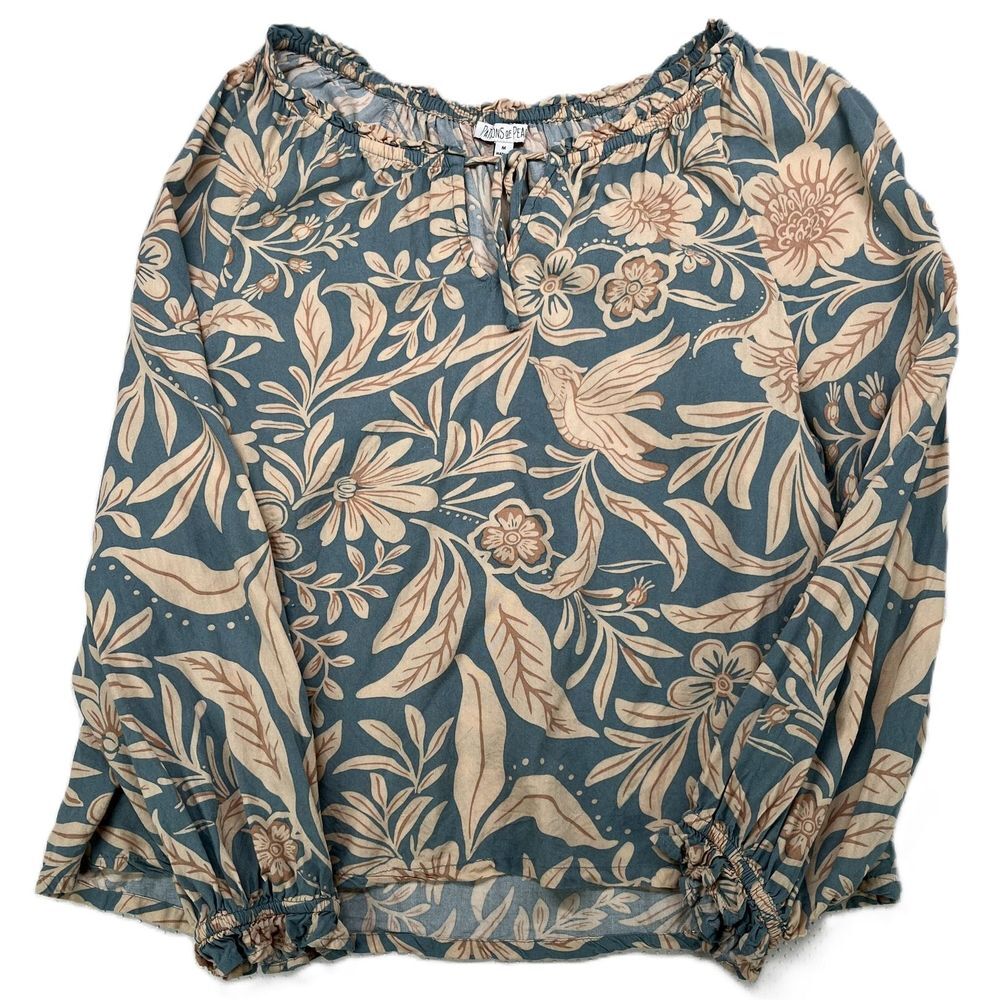 Patrons of Peace Women's Peasant Tunic Top Boho Floral Teal Tan Size M